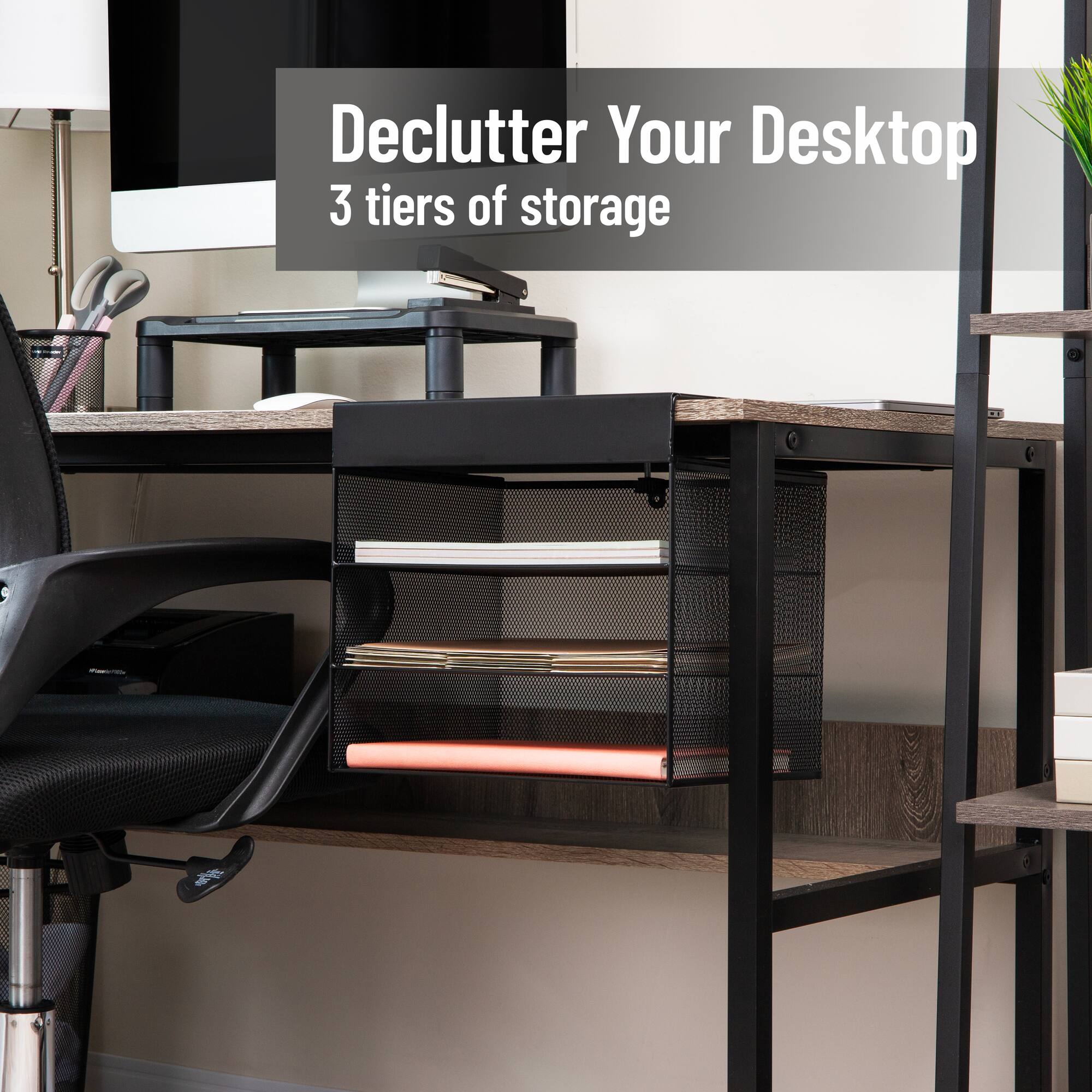 Mind Reader Slide-On Under Desk File Organizer, No Tools Required, Hanging Storage for Laptops, Folders, and Notebooks, Metal